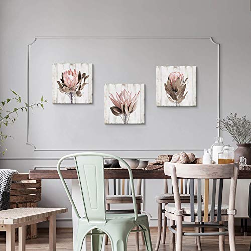 Utop-Art Pink Floral Picture Wall Art: Protea Flowers Artwork Print On Wooden Textured Background Canvas Art For Bathroom (16'' X 16'' X 3 Panels) #TOP6