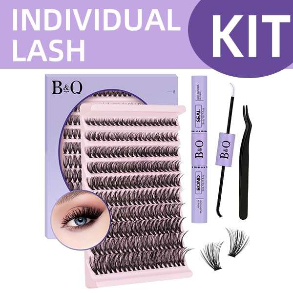 Lash Extension Kit Individual Eyelash Extension Kit D Curl Cluster Lashes Individual Eyelashes with Lash Bond and Seal, Lash Applicator Tool DIY Lash Extensions at Home (Kit,40D-8-18mix)