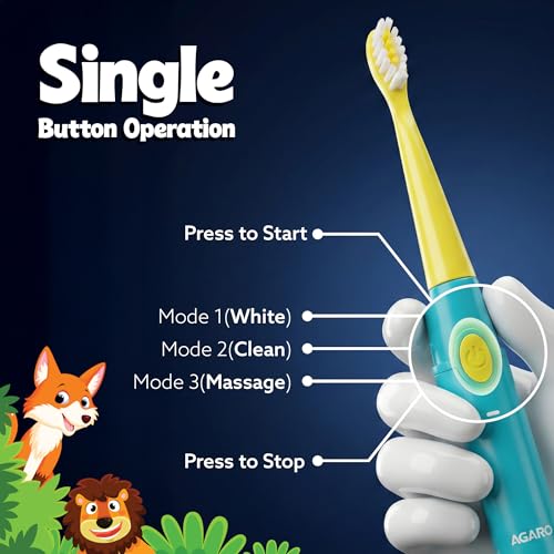 Image of AGARO Rex V2.0 Sonic Kids Electric Toothbrush, 35,000 Strokes /Min, 2-Min Smart Timer, USB-C Rechargeable(Up to 21 Days), 3 Modes, 2 Soft Replaceable Brush Heads, IPX7 Waterproof Gentle for Kids' Teeth