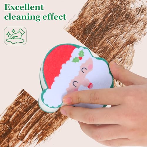 Image of 2Pcs Christmas Dish Sponges, Cute Santa Christmas Tree Household Cleaning Dishwasher Sponges, Dual Sided Non-Scratch Scouring Pad for Kitchen Dishes Pots Furniture