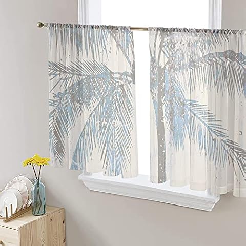 Semi Sheer Curtains 45 inch Length, Tropical Palm Tree Vintage Wood Window Treatments Curtains,Light Filter Curtains Rod Pocket Drapes for Living Room Bedroom,2 Panels Cover
