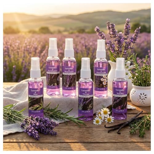 Image of 6 Pcs Lavender Scented Hand Sanitizer Spray Bulk Travel Size Hydrating Hand Sanitizer Spray 2 Fl oz Pocket Bottle Mist Gently Cleans Dirt for Family Adults Sensitive Skin Office Family Travel
