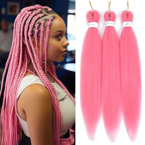 Pink Braiding Hair Pre Stretched 20inch Kids Braiding Hair Pre Stretched Colored Hair Extensions For Braiding Light Pink 3Packs Soft Yaki Hot Water Setting(#pink,3Packs,20inch)