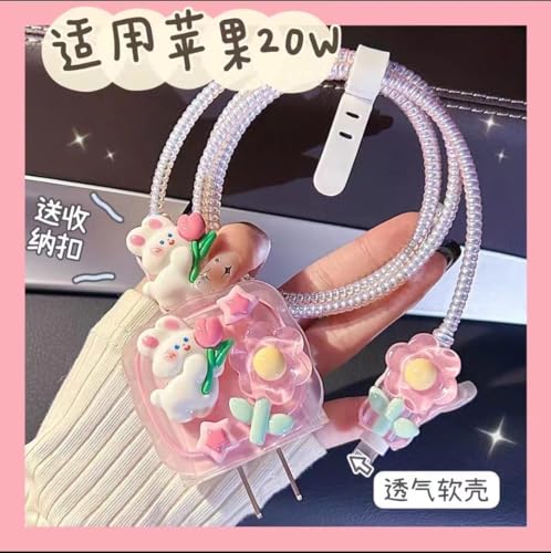 Image of Dezet for iPhone Charger 18-20W Cute Cartoon Charging Cable Protector Set for iPhone Fast Charging USB Cable with Protective Silicone Cover & Organizer Clip Stylish Design (STYL 3rd Cimemaroll Pink)