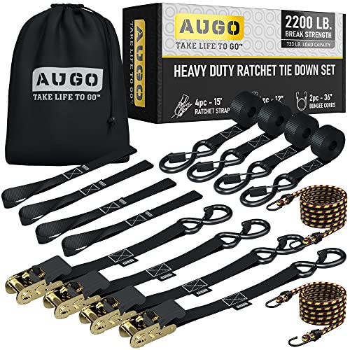 AUGO Ratchet Tie Down Straps â€“4 PKâ€“ 15 FT â€“ 2,200 LB Break Strength â€“ Safety Lock S Hooks â€“for Moving Cargo, Appliances, Lawn Equipment, Motorcycle â€“ Includes 2 Bungee Cords, 4 Soft Loops, Storage Bag