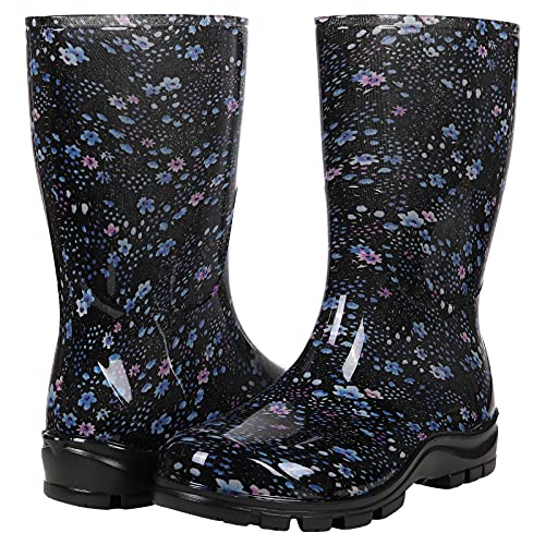 Asgard Women's Waterproof Garden Boots Printed Mid Calf Rain Boots Blue Flower 39 #TOP6