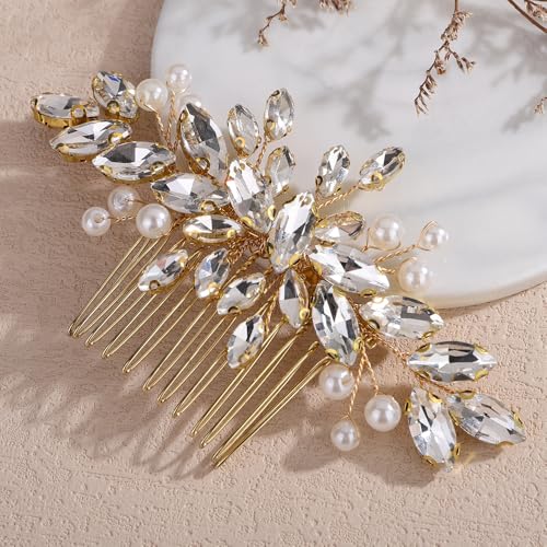 Peine de boda con perlas y cristales dorado miniatura 3