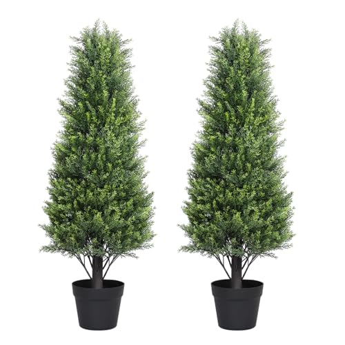 Artificial Cedar Topiary Trees Set of 2, 36'' UV Resistant Faux Cypress Pine Plants Outdoor, 3ft Large Realistic Faux Evergreen Cone Bushes & Shrubs for Front Porch Planter Decor Cedar Green