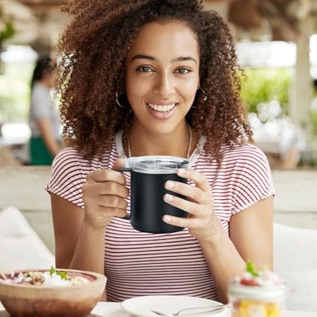 VOBAGA 15oz Stainless Steel Coffee Mug with Flat bottom and Handle, Work with Coffee Warmer for Rapid Heating Coffee, Tea and Milk Office Desk Accessories Black