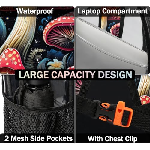 Hand Painted Mushroom Flower Leaf Clear Backpack Stadium Approved PVC Backpacks for Adults Heavy Duty Clear Bag for Work Security Travel College4