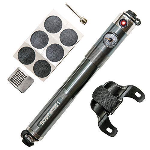 Body Mind 1 Mini Bike Pump Portable Aluminum Pump -Tire Pressure Gauge and Repair Kit with Ball Needle -Compatible to Electric, Mountain and Road Bicycles -Easy Change Presta and Schrader Valves