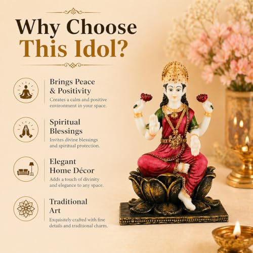 Image of ARMONIA Laxmi MATA Idol with Lotus Throne and Golden Crown | Mahalakshmi Devi Murti for Home, Mandir,Office Desk,Varalakshmi Vratam,Spiritual Decoration,Best Spiritual Gift for Wedding & Housewarming