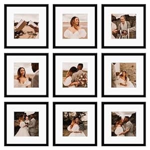 12×12 Picture Frame Set of 9, Display Pictures 8×8 with Mat or 12×12 without Mat, Multi Collage Gallery Square Photo Frames for Wall or Tabletop, Black