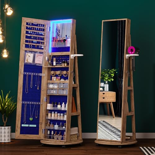 Image of HNEBC 360 Swivel Jewelry Armoire with Mirror, LED Mirror Jewelry Cabinet Standing, Full Length Mirror with Jewelry Storage, Standing Jewelry Organizer /Lockable Wheels /Foldable Makeup Shelf (Wood)