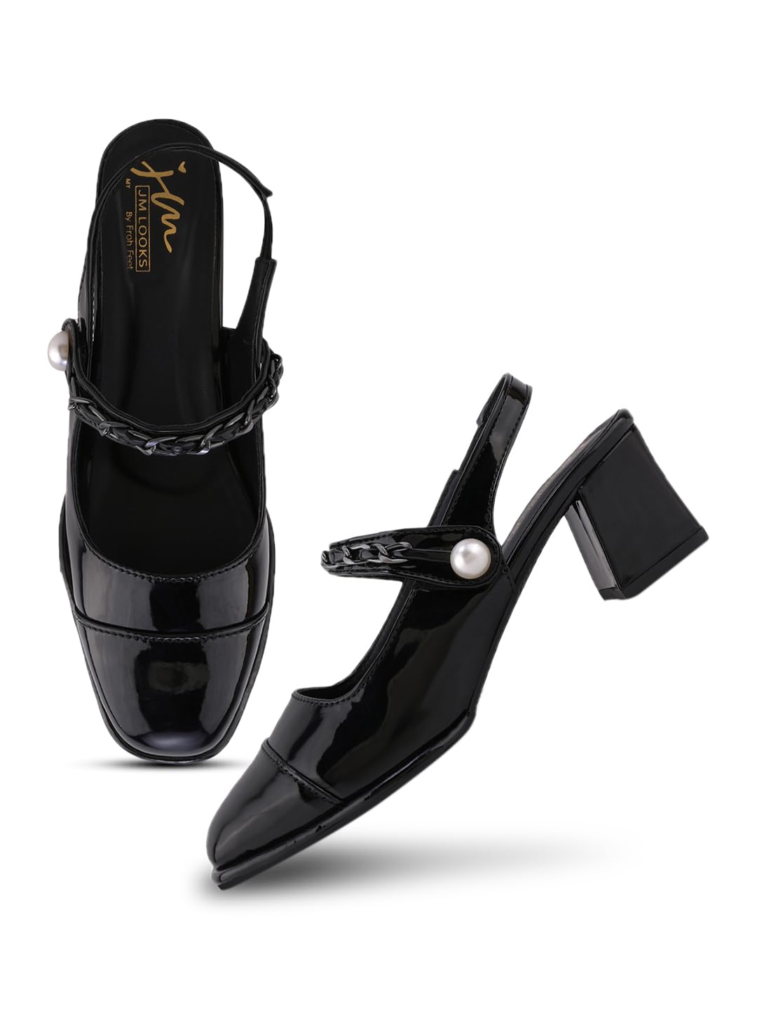 jm looks Elegant Patent Finish Slingback Block Heels Classic Textured Strap Statement Pump Shoes For Women-picture-33