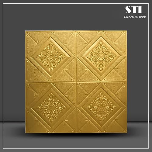 Image of STL 3D Brick Wallpaper - Self-Adhesive PE Foam Wall Stickers, DIY Home, Hotel, Living Room & Bedroom Decor (70 x 77cm, Approx. 5.8 Sq Ft), Golden