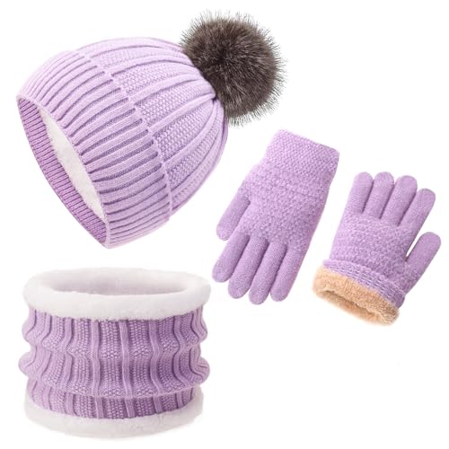 Image of Kids Winter Beanie Hat Gloves Scarf Set 1-10 Years Old Girls Boys Mittens Knit Neck Warmer Warm Fleece lining