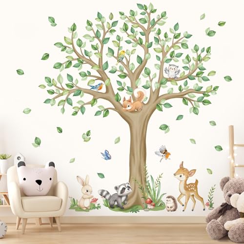 wondever Stickers Muraux Enfants Arbre Grand Autocollants Muraux Mural Stickers Animaux des Bois Cerf Écureuil Hibou pour Chambre Enfants Bébé Pépinière...