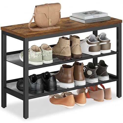 VASAGLE Banco Zapatero de 3 Niveles, Estantería Monobloque, Estante para Zapatos con Bordes Elevados, Estilo Industrial, Montaje Fácil, 28 x 75 x 50 cm, Marrón Rústico y Negro Tinta LSB070KD02