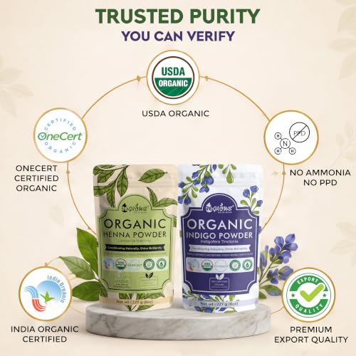 Image of ReGrows 100% Certified Organic Henna & Indigo Powder Combo | Natural Plant-Based Hair Color | USDA Organic Certified | No Ammonia | No PPD | Includes Application Kit | 227g + 227g