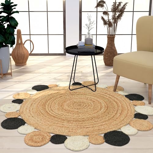 TT Home Tapis en Jute Chambre Adulte Rond Bohème Bohème Fait à La Main Bordure Modern, Couleur:Noir, Dimension:80 cm Rund