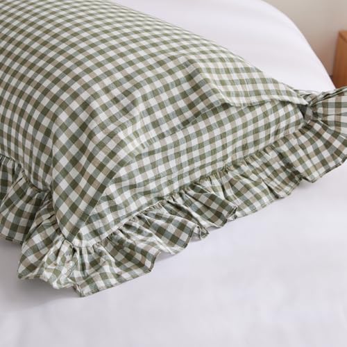 2 Pack Sage Green Euro Sham Covers - 26x26 inches Washed Cotton Ruffle Pillow Cases, Farmhouse Gingham Ruffled Pillow Covers for Bedroom, Living Room (Sage Green/White Plaid, 26x26 inches)