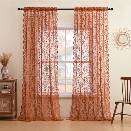 2 Paneles de Cortinas francesas Vintage traslúcidas de Encaje rústico para salón, Dormitorio, Bolsillo para cortinero, filtrado de luz, decoración de otoño, 132x244 cm, Terracota óxido