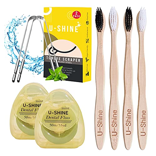 Eco Friendly Oral Care Kit - 2 Pack U-Shape Tongue Scraper + 4 Pack Soft Bristles Bamboo Toothbrush + 2 Pack 50m/55yds Mint, Charcoal Floss with Candelilla Wax, Dental kit, Fresh Breath, Healthy gum
