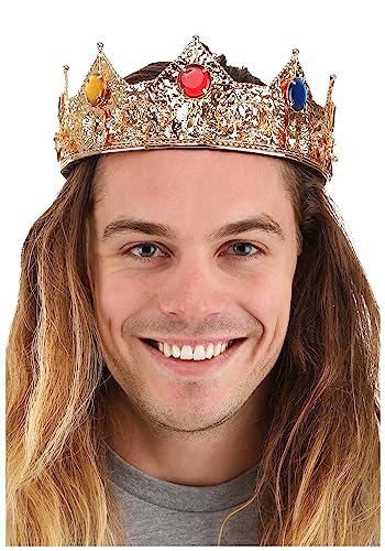 Gold King Costume Crown - Metal and Rhinestone Construction, Decorative Gem Accents, Costume Hat