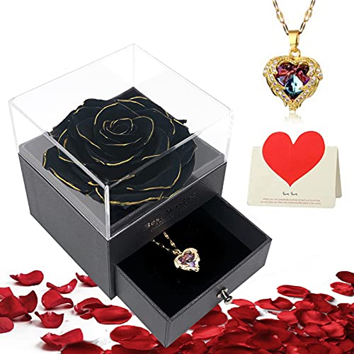 Valentines Day Gifts for Her Preserved Real Rose with I Love You Necklace, Birthday Gifts for Women Mom Wife Girlfriend, Forever Romantic Eternal Flower for Anniversary Mothers Day, Black & Gold