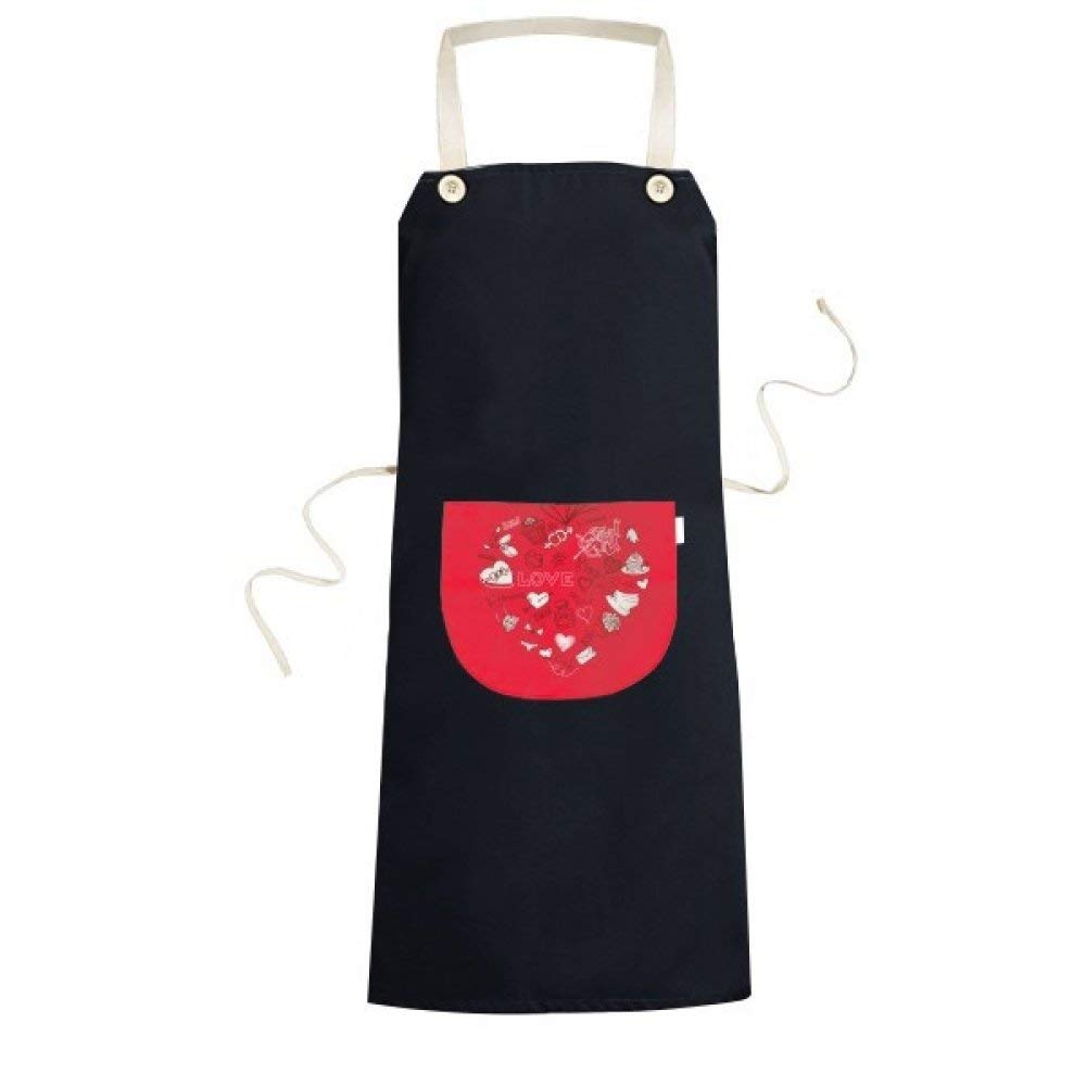 BeatCong Valentine's Day Red White Black Heart Shaped Angel Arrow Cupcake Flower Kiss Girl Love Illustration Pattern Cooking Kitchen Black Bib Aprons with Pocket for Women Men Chef Gifts