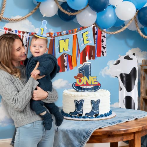 Image of Cartoon Toy Highchair Banner for Baby First Birthday Party Decorations Blue Sky With Clouds High Chair Tassel Banner for Boys Girls Western Cowboy 1st Birthday Photo Props Backdrop Decoration