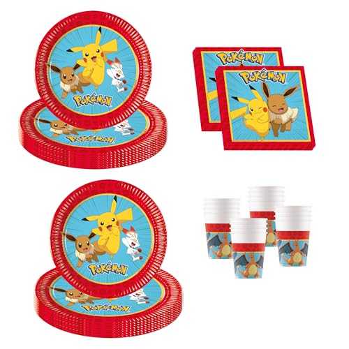 Procos - Décoration d'anniversaire Pokemon, 52 pièces, assiettes en carton, gobelets et serviettes pour anniversaire d'enfant, vaisselle de fête