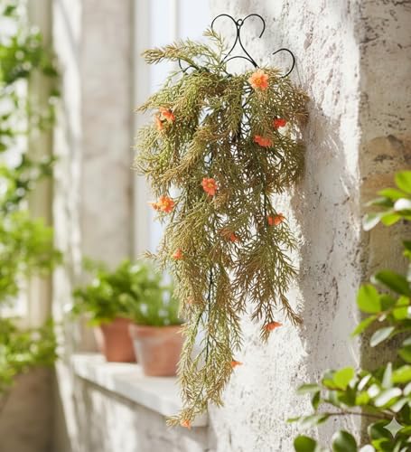 Image of Foliyaj Artificial Orange Daisy Vine with Metal Wall Stand | Show Pieces for Living Room | Faux Plants for Home Decor | Decorative Creeper Vine for Home and Office Decoration | 70 cm Length