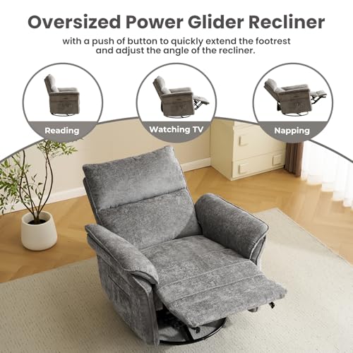 Image of Oversized Rocking Chair Nursery with Massage and Heat, Glider Recliner Nursery Chair with Adjustable Headrest, Power Swivel Rocker Recliner Chair with USB Port, Dark Grey