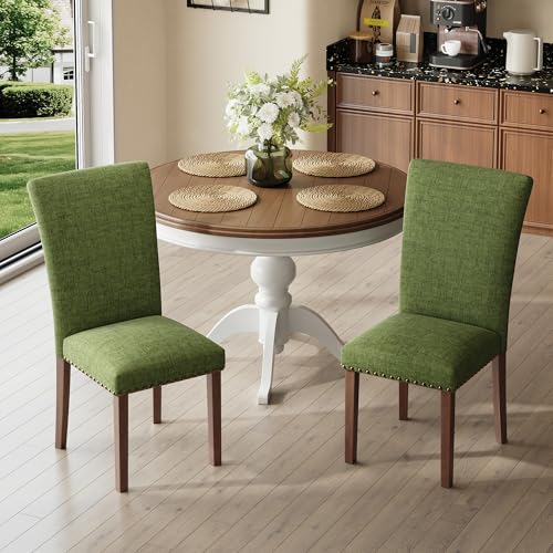 Image of COLAMY Upholstered Parsons Dining Chairs Set of 2, Fabric Dining Room Kitchen Side Chair with Nailhead Trim and Wood Legs - Green