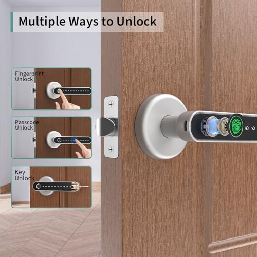 Image of IRONZON Fingerprint Door Handle for Bedrooms - 2pcs 191F 3-in-1 Fingerprint Door Lock with Keypad, Fingerprint Door Knob for Bedroom with Key, Keyless Entry Door Handle - Silver