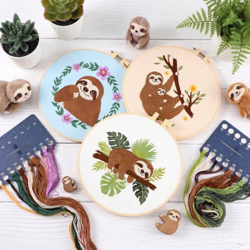 Image of Mindsoft 3 Set Needlepoint Kit for Beginners with Hoop,Sloth | Bamboo Hoop Thread Needles Instructions, Easy Hand Embroidery for Beginners Home Crafts,Pre-stamped Funny Cute Designs