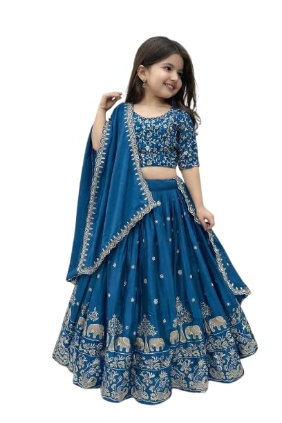 Image of Kids Chiffon Lehenga Choli, Embroidered Elephant and Floral Print, Festive Ethnic Wear with Dupatta