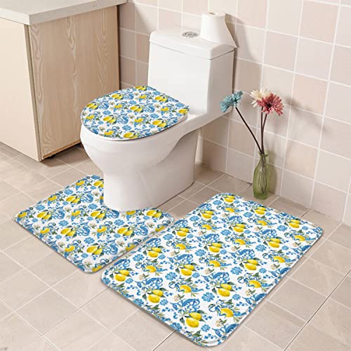 YINGD 3-teiliges Badezimmerteppich-Set, Badematte, frische Zitronen, Vintage, Barock, Blau, mediterranes Muster… – Bild 6