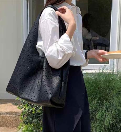 PU Leather Shoulder Bag for Women Trendy Large Tote Handbag Hollow Hobo Purse Versatile Satchel3
