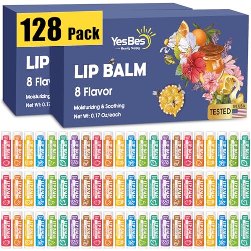 YesBes 128 Pack Lip Balm Natural Lip Balm Bulk with Vitamin E and Coconut Oil Moisturizing Lip Balms for Dry Cracked Lips Lip Balms for Mothers Day Gifts Stocking Stuffers - 8 Flavors