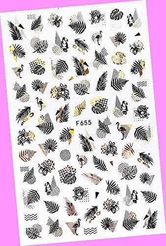 Autumn Palm Maple Leaf Banana Beach Flamingo Fish Self-Adhesive 3D Nail Stickers F655 Laser Gold- Black for Nails Design Decals Supplies Manicure Tips Sticker Colorful for Nail Decorations