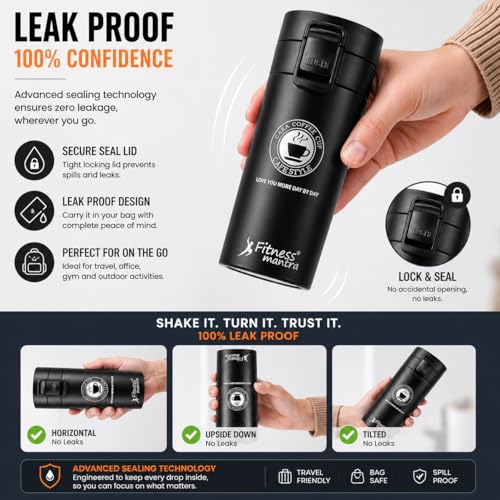 Image of Fitness Mantra Stainless Steel Coffee Mug 380ml | Double Wall Insulated Travel Mug | Leak Proof Lid | Hot & Cold Thermal Cup | Portable & Lightweight for Office, Car & Travel