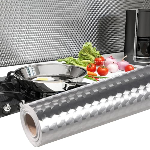 Kitchen Backsplash Wallpaper,Waterproof Oil-Proof Peel and Stick Aluminum Wallpaper Shelf Stickers for Kitchen Countertop Cabinet Drawer (15.7''x197'')