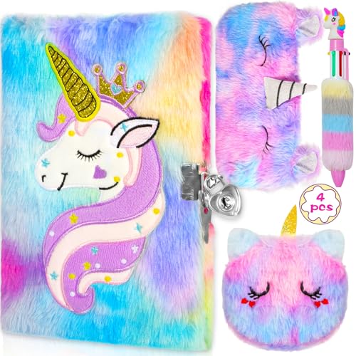 ZPQAODI Diario para niña con juego de candado, unicornio de peluche para niñas, 160 páginas, cuaderno de doble cara, diario secreto con billetera de unicornio, bolígrafo, estuche, regalos para niñas