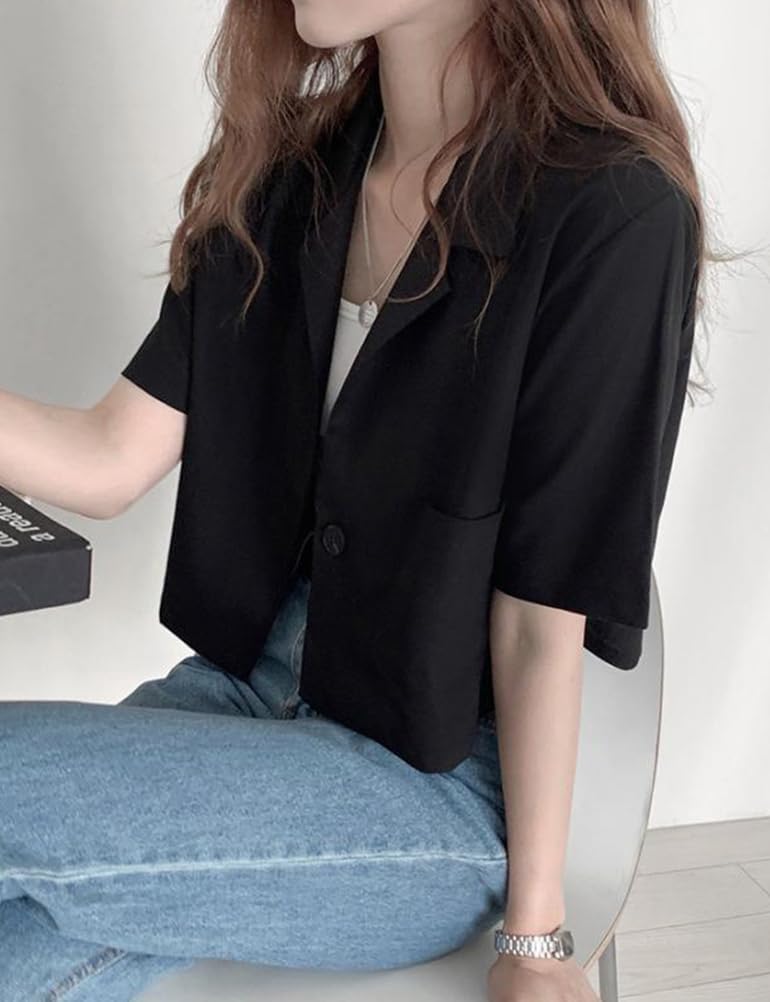 Hecatombic Blazer da Donna in Cotone a Maniche Corte Allentato Tinta Unita Blazer Corto da Ufficio Estivo Giacca da Lavoro con Bottoni Slim con Risvolto Estivo