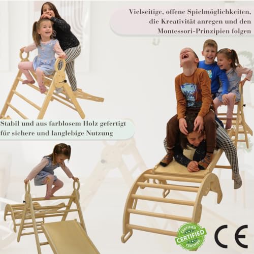 Lucknel® Montessori zestaw do wspinaczki 5 w 1 – trójkąt piklera, łuk wspinaczkowy, siatka do wspinaczki i zjeżdżalnia – plac zabaw dla dzieci od 2+ z dwustronną rampą i drewnianymi puzzlami ABC jako