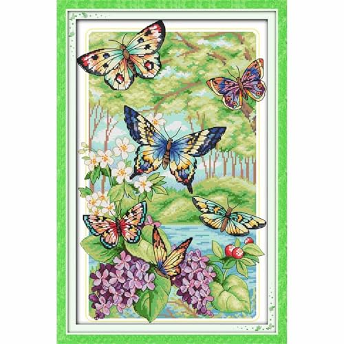 Image of JOYSEWING Butterfly Stamped Cross Stitch kit for Adult 11CT Printed Counted Cross-Stitch Embroidery kit for Beginners DIY Craft Kits Home Decor (Butterflies Fly in the Forest(11CT) 15.75 x23.62 inch)