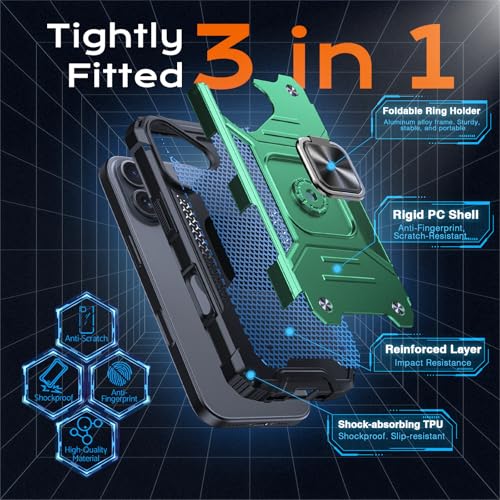 Image of Anqrp Heavy Duty Case for iPhone 16 Case with Enhanced Ring Holder Grip Stand, Military Grade Shockproof Rugged Drop Protective Silicone Hard Slim iPhone 16 Phone Case Cover,Forest Green